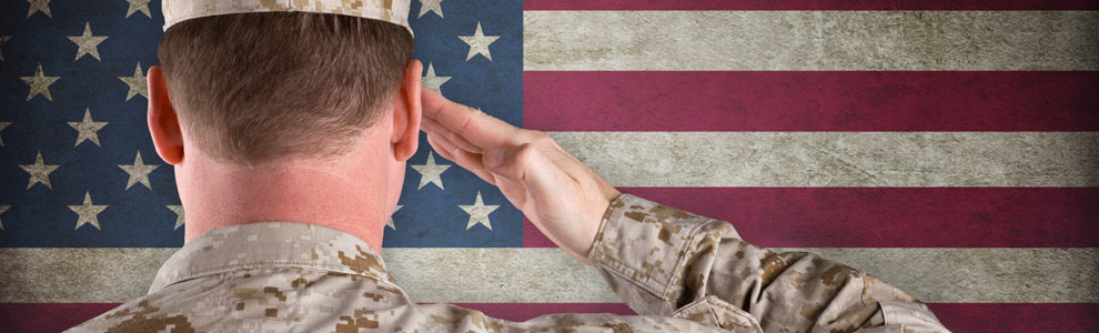A soldier saluting the American flag