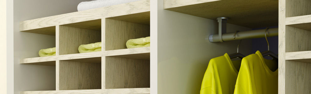 A well organized, wood trimmed closet