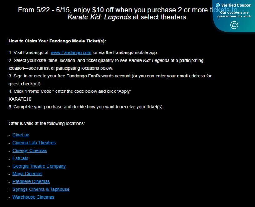 19 Fandango Coupons & Promo Codes for June 2025