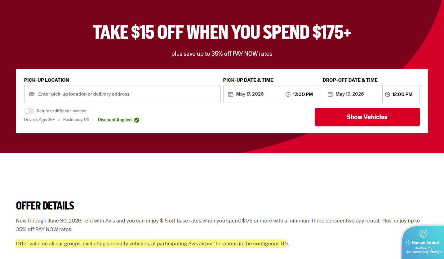 Avis Car Rental Coupons & Codes for June '26: Up to 35% off